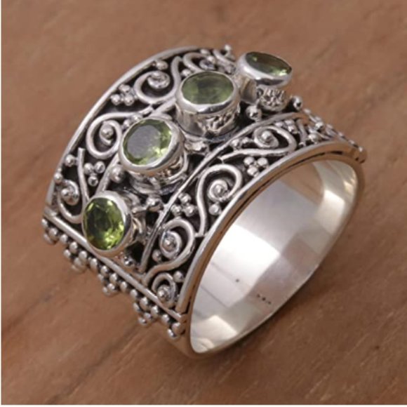 NOVICA Peridot .925 Sterling Silver Spiral Motif Gemstone Cocktail Ring